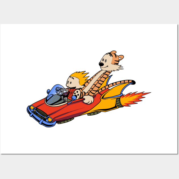 Calvin and Hobbes Riding a Car Wall Art by soggyfroggie